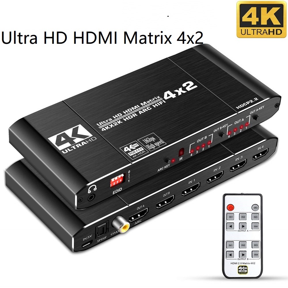 Hdmi Matrix Switch - 2.0マトリックススイッチスプリッター,HDMI互換,4x2, 4 k60 hz,hdr uhd,18gbps,アークオーディオエクストラクター,spdif同軸,3.5mmオーディオedid,hdcp2.2