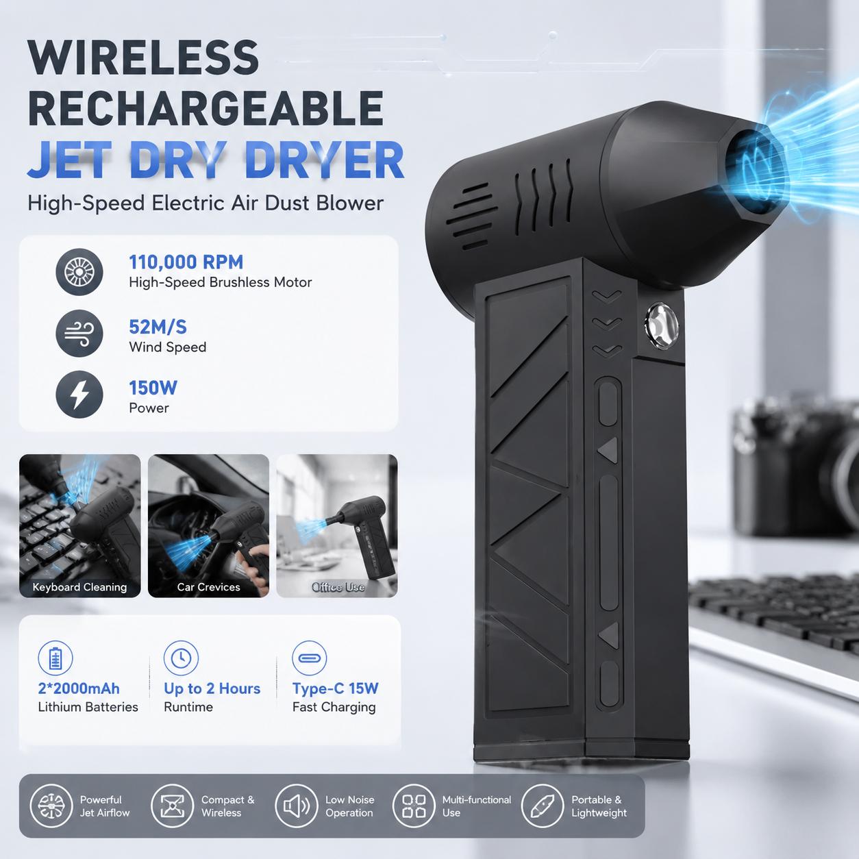 Office Work Tech - 110000 RPM電動エアブロワー 3段階速度調整 コードレスエアダスター ポータブルUSB C充電式