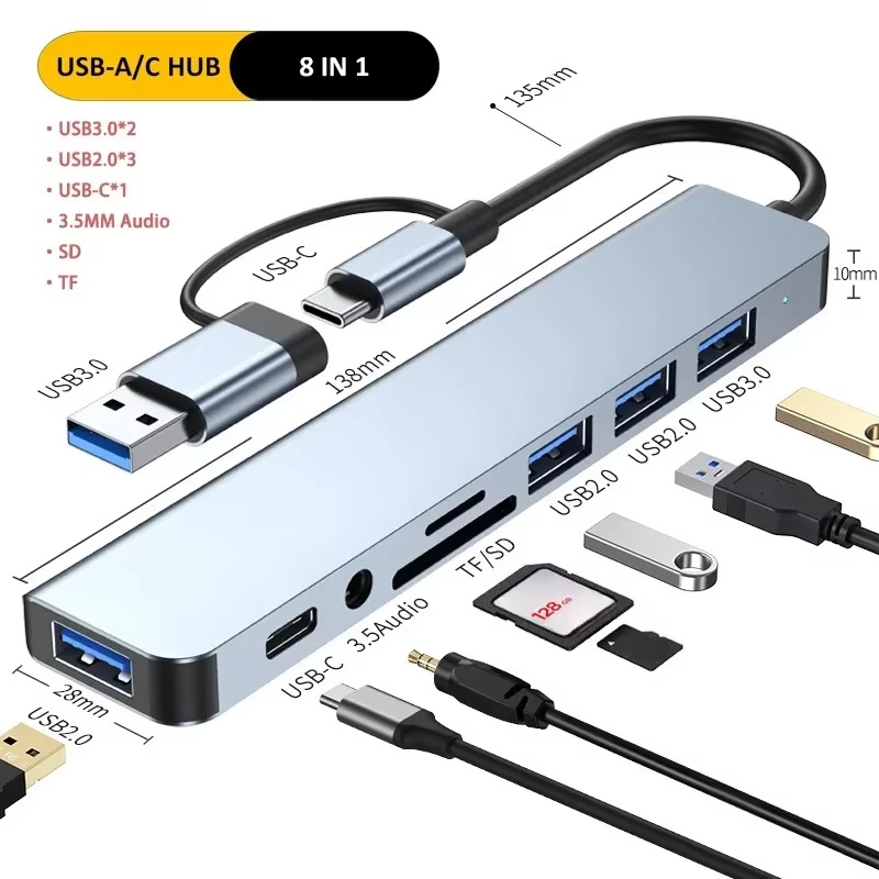 Multi Port Usb Hub - タイプCハブUSBスプリッター 8in1 USBエクステンダー USBマルチポートアダプター USB-Cポート TF/SDカードリーダー